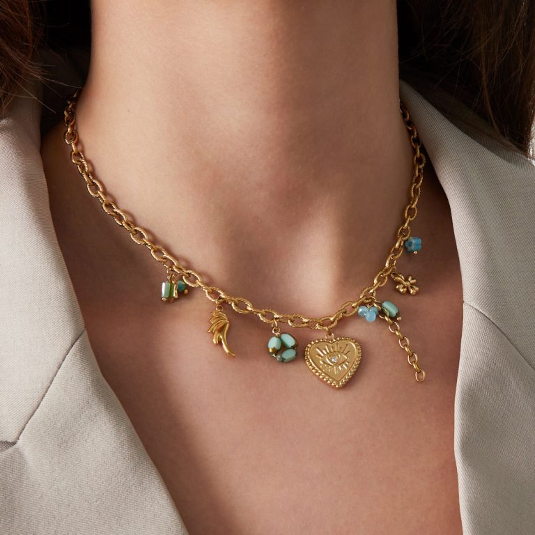 Bedelketting goud met blauwe bedels