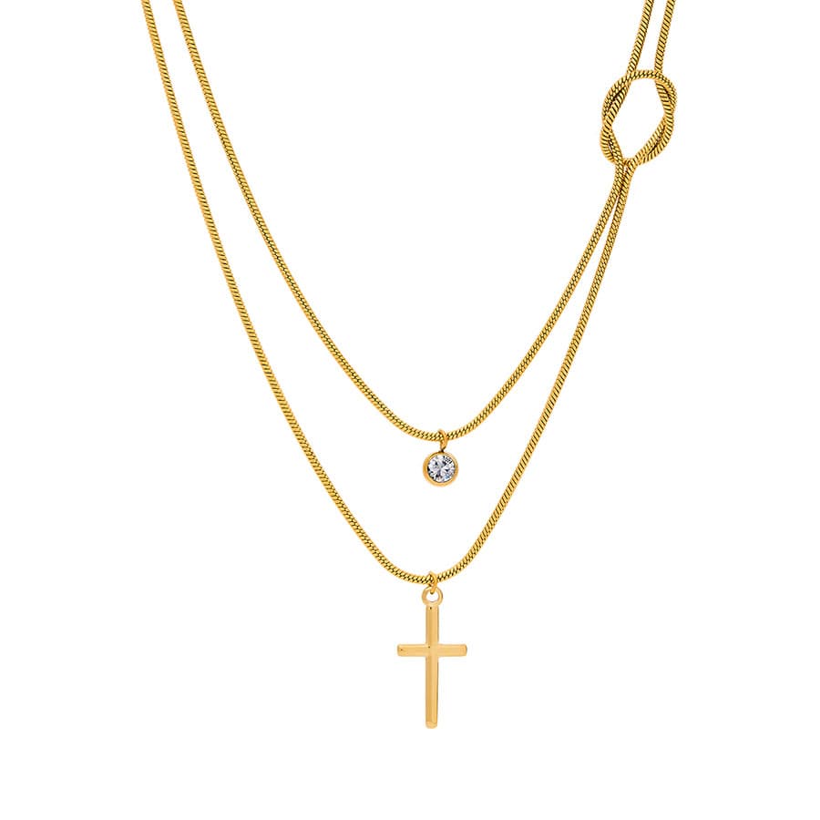 Geknoopte dubbele ketting met kruisje en zirkoon Geknoopte dubbele ketting met kruisje en zirkoon